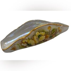 VTG Hand Painted Porcelain Shell Form Trinket Dish Flowers Signed 
Gold Accent